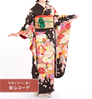 【写真どおりに届く安心コーデ】振袖レンタル　振袖Sサイズ　花尽くし　こげ茶
