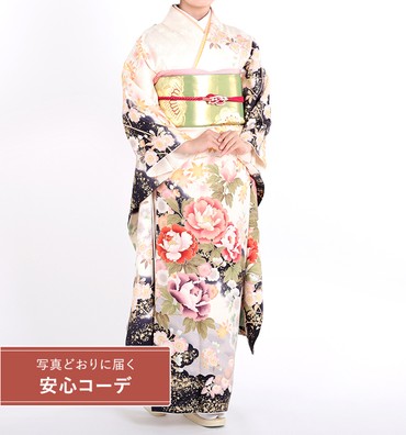 【写真どおりに届く安心コーデ】振袖レンタル　振袖Sサイズ　金彩に四季花　白