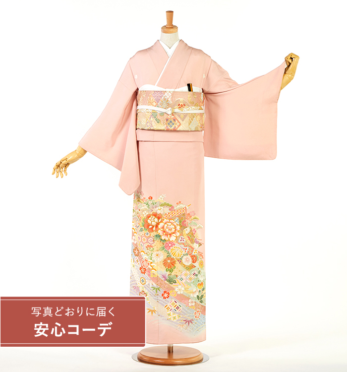 【写真どおりに届く安心コーデ】色留袖レンタル　色留袖Mサイズ　四季花几帳　ピンク　五つ紋：桔梗