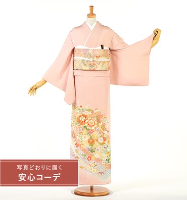 【写真どおりに届く安心コーデ】色留袖レンタル　色留袖Mサイズ　四季花几帳　ピンク　五つ紋：桔梗
