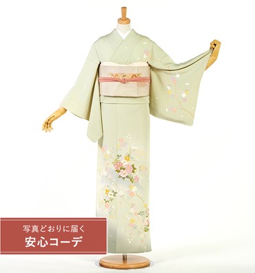 【写真どおりに届く安心コーデ】単衣訪問着レンタル　単衣訪問着Sサイズ 　雪輪四季花　薄黄緑