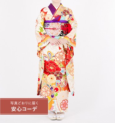 【写真どおりに届く安心コーデ】振袖レンタル　振袖Mサイズ　ブランド：mim・mam×紅一点　牡丹菊に結び紐文　紫　