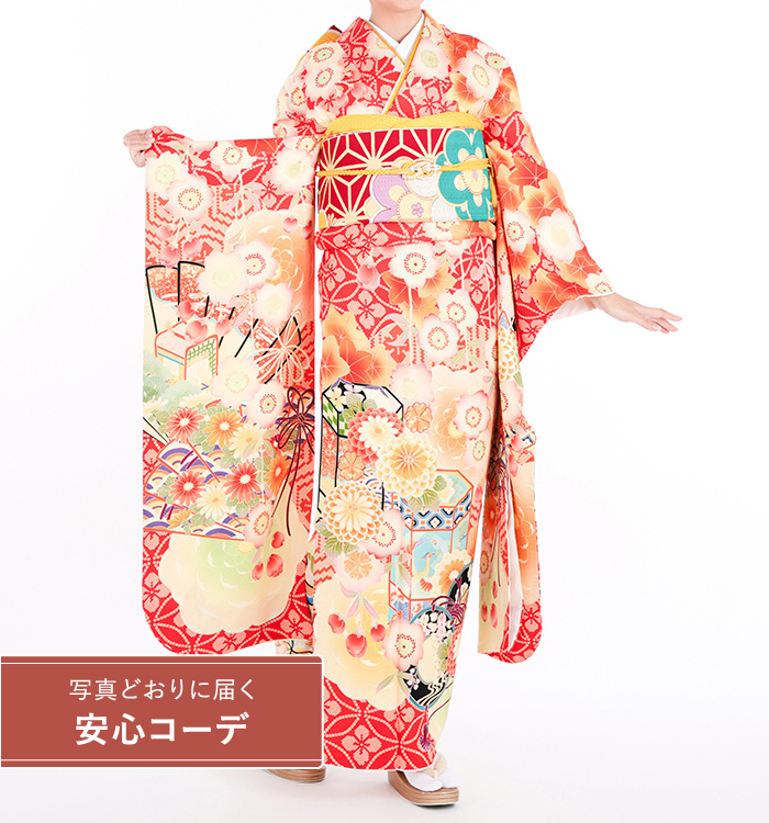 【写真どおりに届く安心コーデ】振袖レンタル　振袖LOサイズ　ブランド：越智ゆらの×Kami Shibai　幻想桜楓華　朱赤