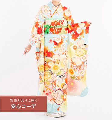 【写真どおりに届く安心コーデ】振袖レンタル　振袖Lサイズ　ブランド：越智ゆらの×Kami Shibai　幻想桜楓華　水色