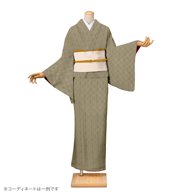 紬レンタル　紬Mサイズ　信州紬：花織　鶸茶色