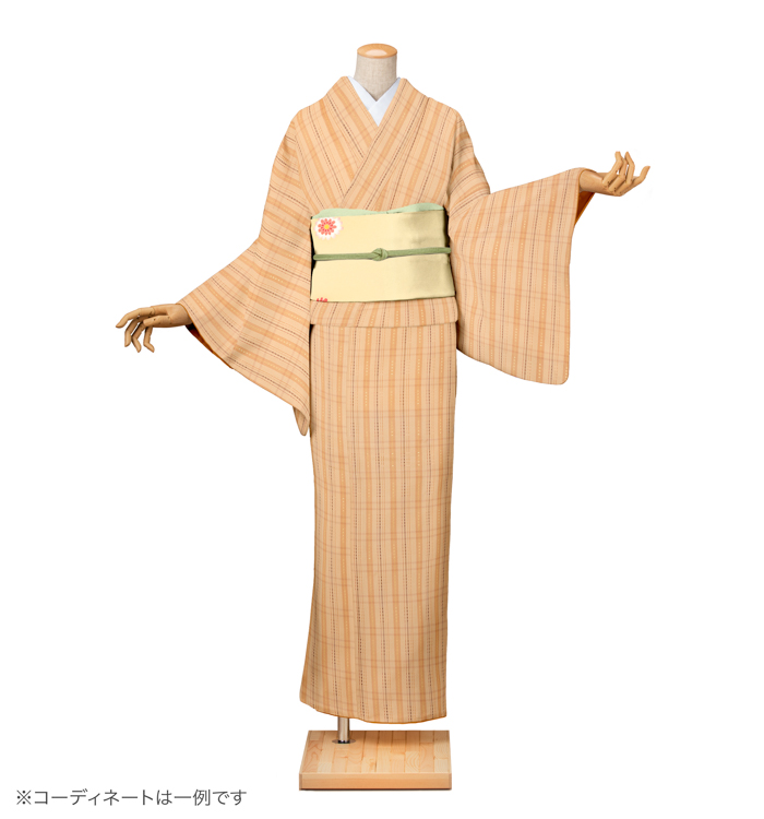 紬レンタル　紬Lサイズ　信州紬：格子　薄香色
