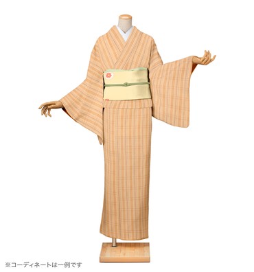 紬レンタル　紬Lサイズ　信州紬：格子　薄香色