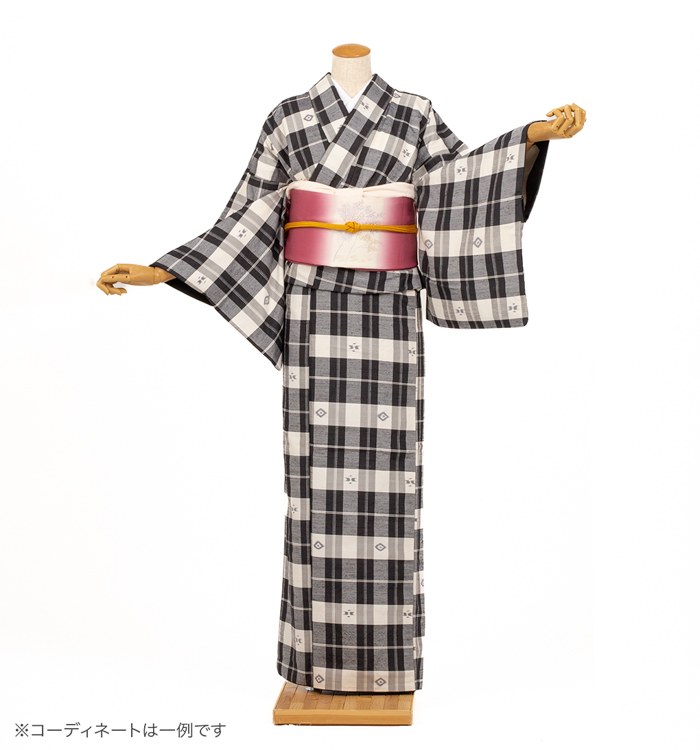 紬レンタル　紬Lサイズ　十日町紬：格子絣　黒/灰色/生成色