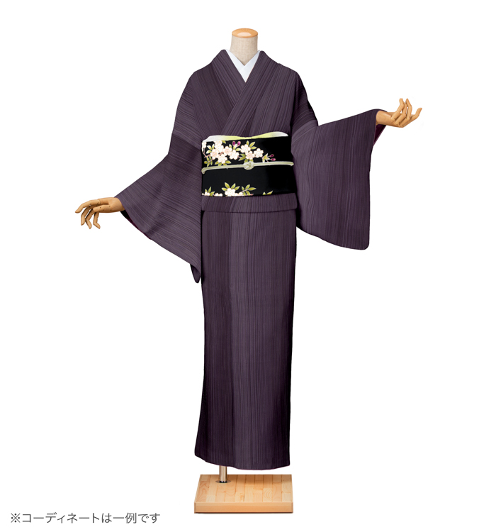 紬レンタル　紬Lサイズ　十日町お召：縞　深紫色