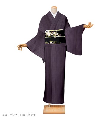 紬レンタル　紬Lサイズ　十日町お召：縞　深紫色