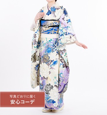 【写真どおりに届く安心コーデ】振袖レンタル　振袖Sサイズ　大輪の花に蝶舞とレース模様　白