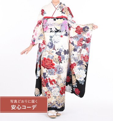 【写真どおりに届く安心コーデ】振袖レンタル　振袖LOサイズ　薔薇　白/黒