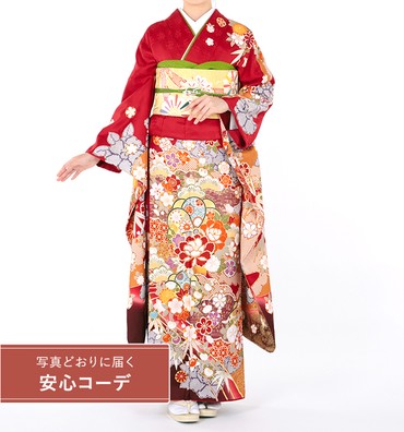 【写真どおりに届く安心コーデ】振袖レンタル　振袖LLサイズ　四季花雲取文　赤