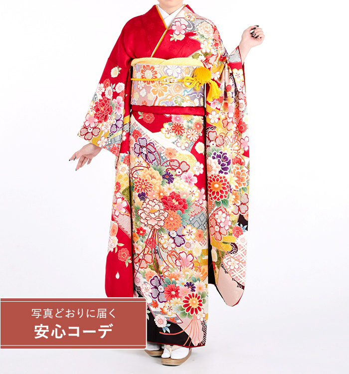 【写真どおりに届く安心コーデ】振袖レンタル　振袖Mサイズ　花薬玉に熨斗文　赤