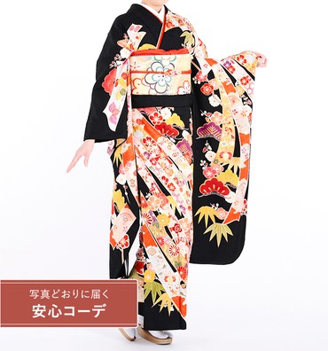 【写真どおりに届く安心コーデ】振袖レンタル　振袖LLサイズ　京友禅：白滝　花束熨斗文　黒