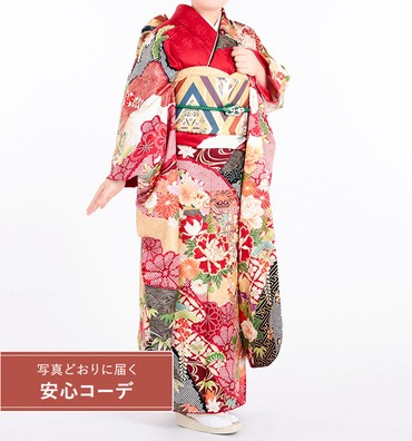 【写真どおりに届く安心コーデ】振袖レンタル　振袖SOサイズ　豪華鶴貝桶花文　赤