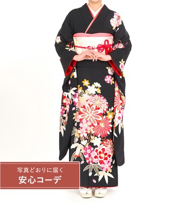 【写真どおりに届く安心コーデ】振袖レンタル　振袖LLサイズ　大輪の花尽くしに組紐　黒　