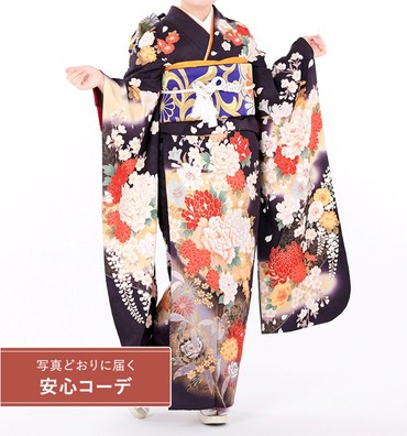 【写真どおりに届く安心コーデ】振袖レンタル　振袖MOサイズ　花尽くし　濃紫