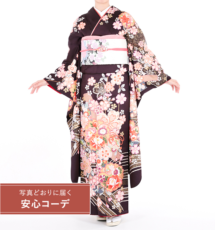 【写真どおりに届く安心コーデ】振袖レンタル　振袖LLOサイズ　華鈴に桜流し　濃紫茶