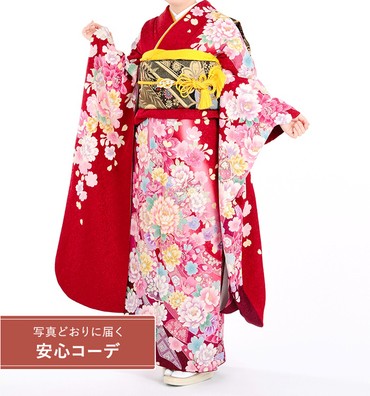 【写真どおりに届く安心コーデ】振袖レンタル　振袖MOサイズ　鞠に熨斗模様と花尽くし　赤