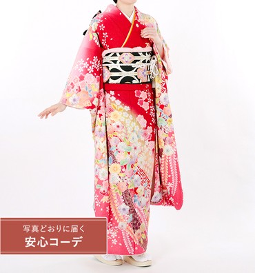 【写真どおりに届く安心コーデ】振袖レンタル　振袖Sサイズ　辻が花風　束熨斗に華　赤