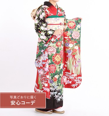 【写真どおりに届く安心コーデ】振袖レンタル　振袖Lサイズ　四季花　赤/濃茶