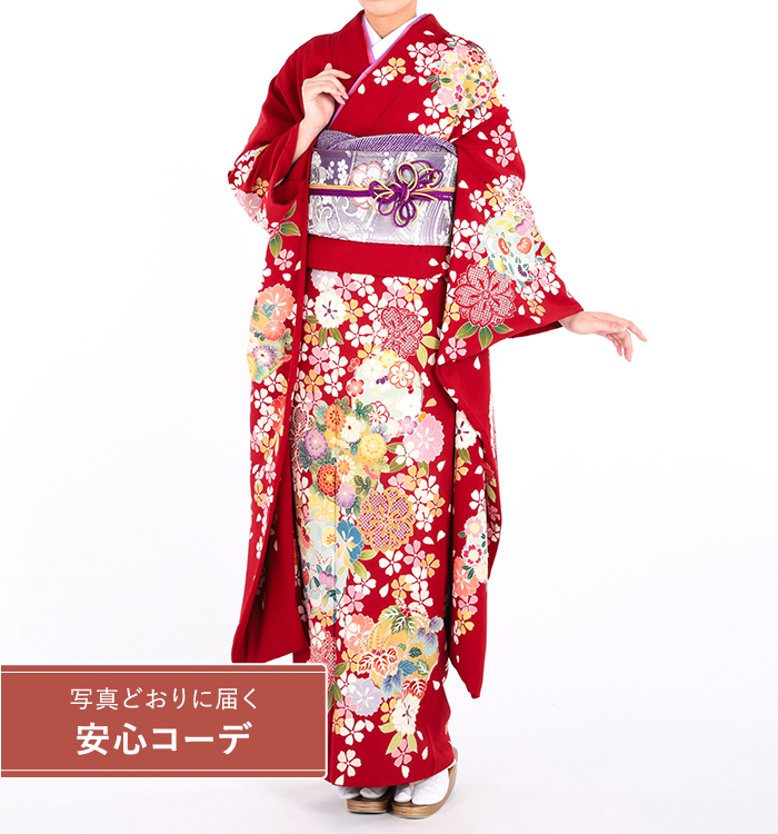 【写真どおりに届く安心コーデ】振袖レンタル　振袖LLサイズ　京友禅　桜に花輪　朱