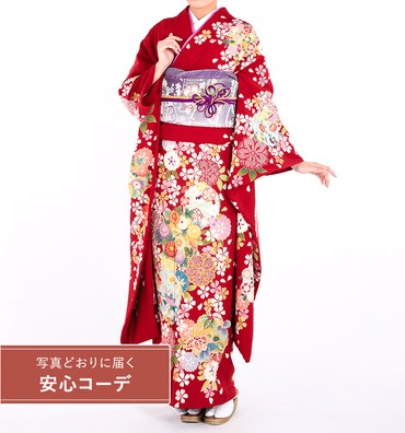 【写真どおりに届く安心コーデ】振袖レンタル　振袖LLサイズ　京友禅　桜に花輪　朱