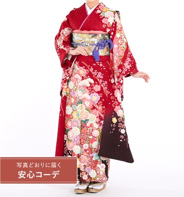 【写真どおりに届く安心コーデ】振袖レンタル　振袖Lサイズ　雪輪に花尽くし　赤