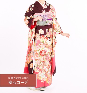 【写真どおりに届く安心コーデ】振袖レンタル　振袖Lサイズ　華薬玉　古代紫/ピンク