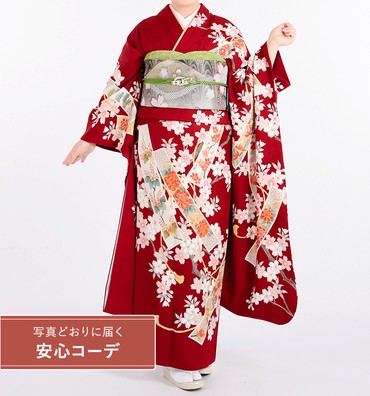 【写真どおりに届く安心コーデ】振袖レンタル　振袖SOサイズ　桜に花短冊　赤