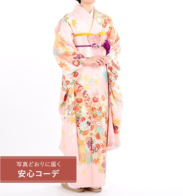 【写真どおりに届く安心コーデ】振袖レンタル　振袖Sサイズ　熨斗文様に橘　ピンク