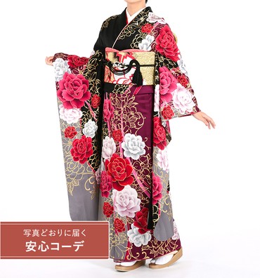 【写真どおりに届く安心コーデ】振袖レンタル　振袖LLサイズ　ブランド：CECIL McBEE　大輪薔薇とリボン　黒　