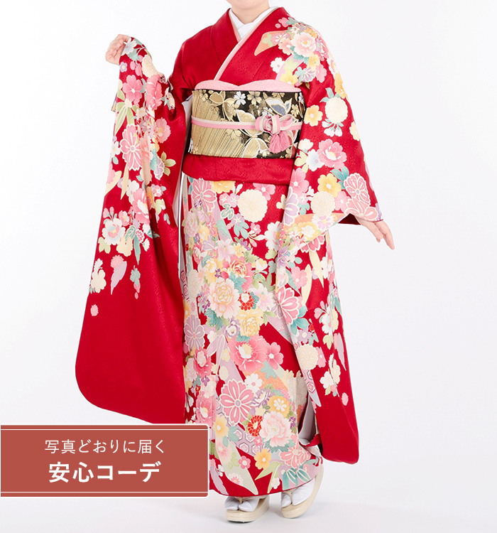 【写真どおりに届く安心コーデ】振袖レンタル　振袖SOサイズ　束ね熨斗に四季の花　赤