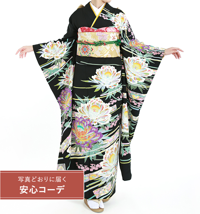 【写真どおりに届く安心コーデ】振袖レンタル　振袖LLサイズ　加賀友禅：杉村典重　花舞　黒