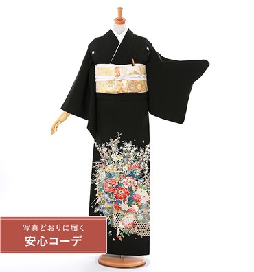 【写真どおりに届く安心コーデ】黒留袖レンタル　黒留袖Lサイズ　加賀友禅：柿本市郎　花篭　五つ紋：桔梗