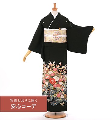 【写真どおりに届く安心コーデ】黒留袖レンタル　黒留袖MOサイズ　加賀友禅風：四季花　五つ紋：桔梗