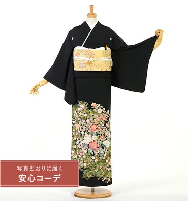 【写真どおりに届く安心コーデ】黒留袖レンタル　黒留袖Sサイズ　加賀友禅風：松に四季花　五つ紋：桔梗