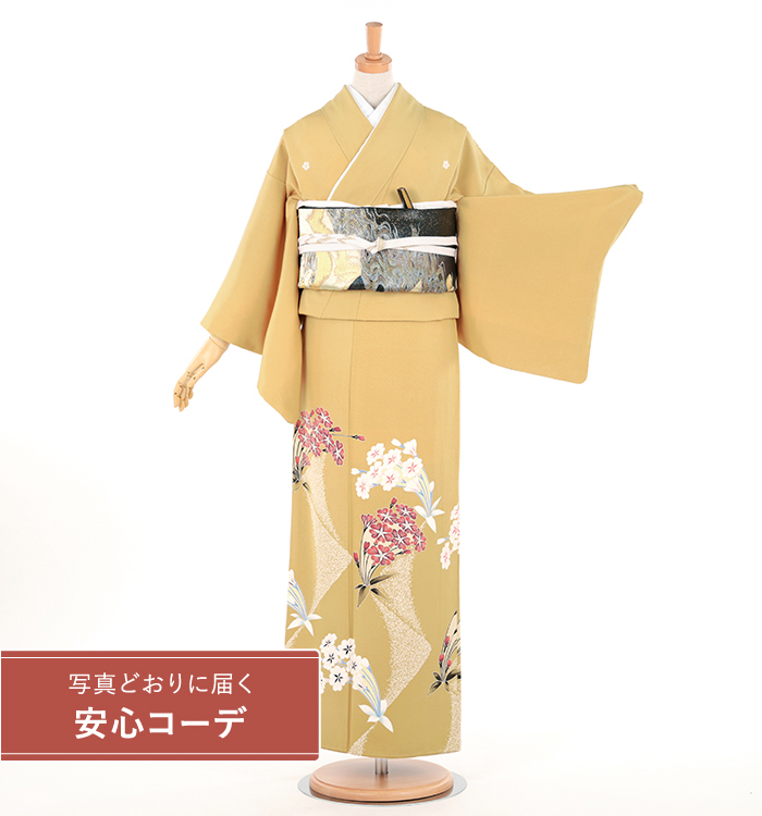 【写真どおりに届く安心コーデ】色留袖レンタル　色留袖MOサイズ　友禅：坂井修　花束　辛子　五つ紋：桔梗