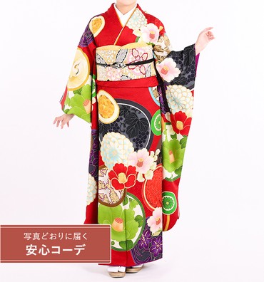 【写真どおりに届く安心コーデ】振袖レンタル　振袖Lサイズ　ブランド：九重×中村里砂　丸紋に大輪花　赤
