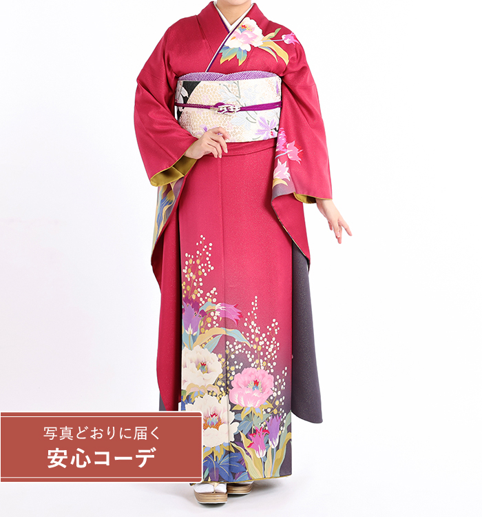 【写真どおりに届く安心コーデ】振袖レンタル　振袖Lサイズ　京友禅：二代目 清次朗　お花畑　赤紫