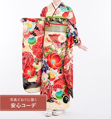【写真どおりに届く安心コーデ】振袖レンタル　振袖Lサイズ　ブランド：琉花×紅一点　向鶴に華扇　白クリーム