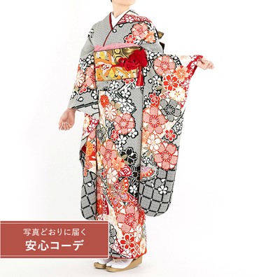 【写真どおりに届く安心コーデ】振袖レンタル　振袖Mサイズ　絞り風　桜花　黒