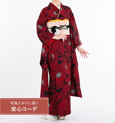 【写真どおりに届く安心コーデ】振袖レンタル　振袖Lサイズ　ブランド：和風館　大菊　 黒赤