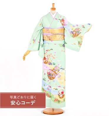 【写真どおりに届く安心コーデ】訪問着レンタル　訪問着Lサイズ　道長取りに花籠　エメラルドグリーン