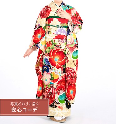 【写真どおりに届く安心コーデ】振袖レンタル　振袖SOサイズ　ブランド：琉花×紅一点　向鶴に華扇　白クリーム/赤